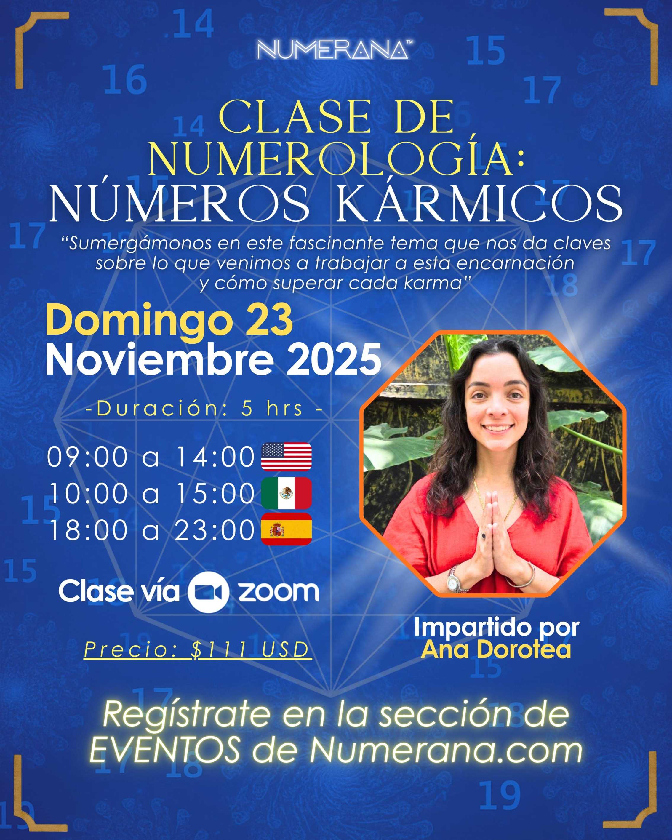 Promotional flyer for a Numerology class on karmic numbers with a blue background and event details.