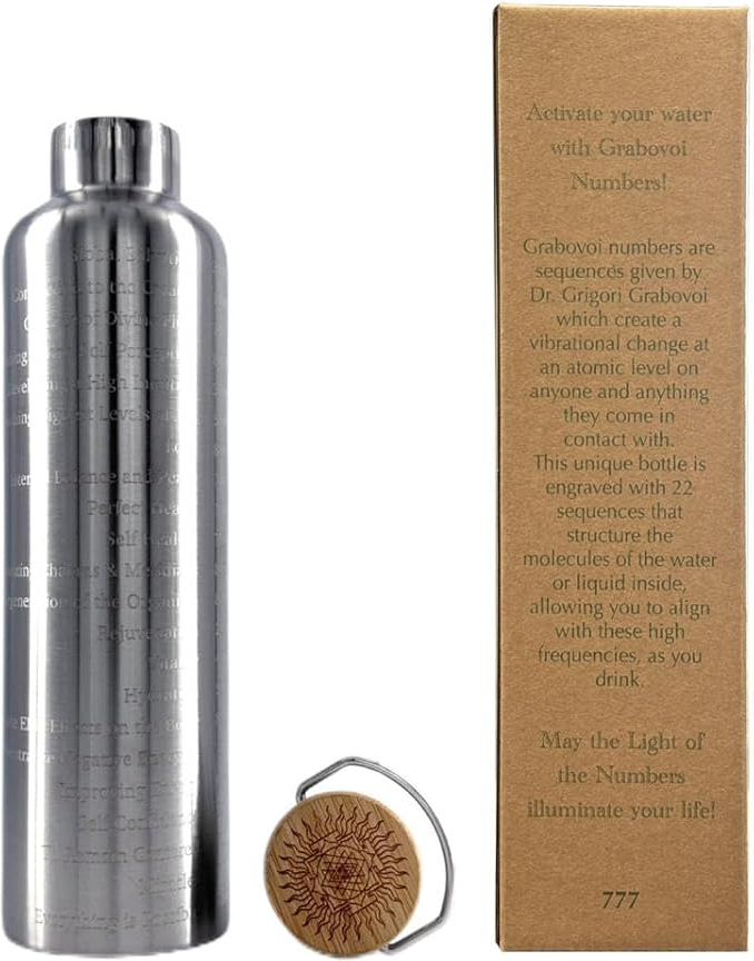 1L silver stainless steel Grabovoi bottle with engraved energy codes to transform water and support vibrational healing.