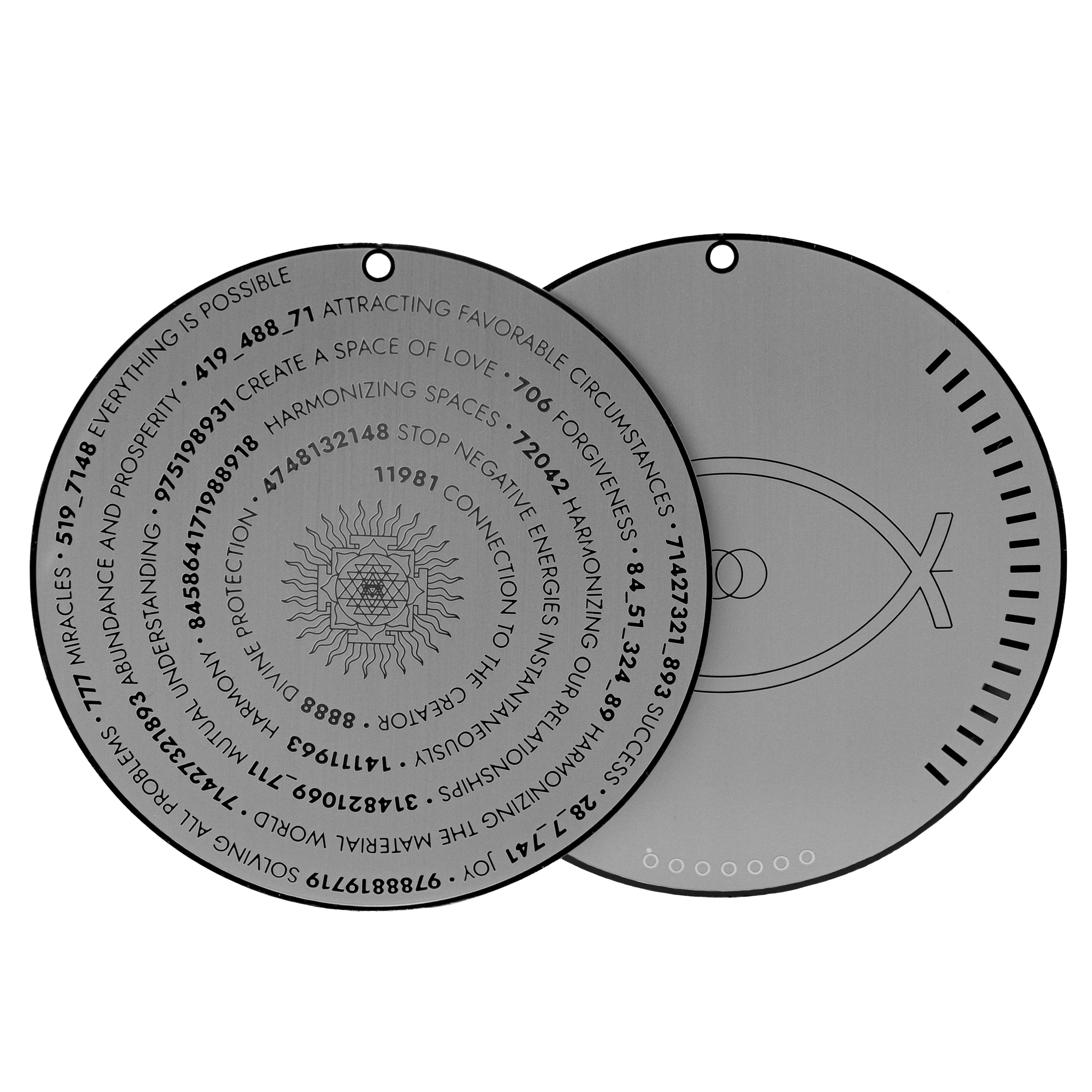 Sacred geometry and Grabovoi number energy plate designed to harmonize relationships, attract miracles, and uplift spaces.