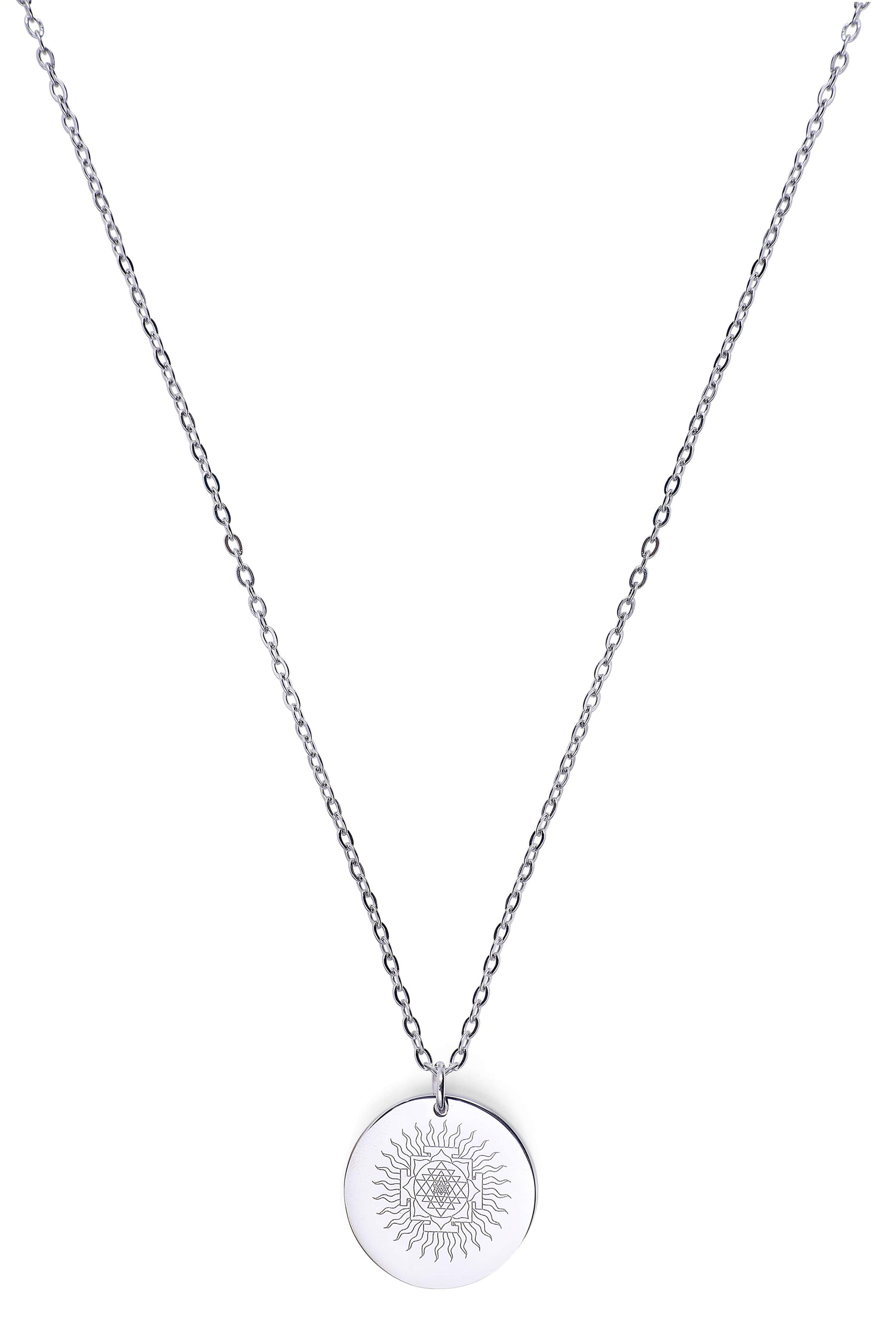 Silver necklace with a round pendant on a white background