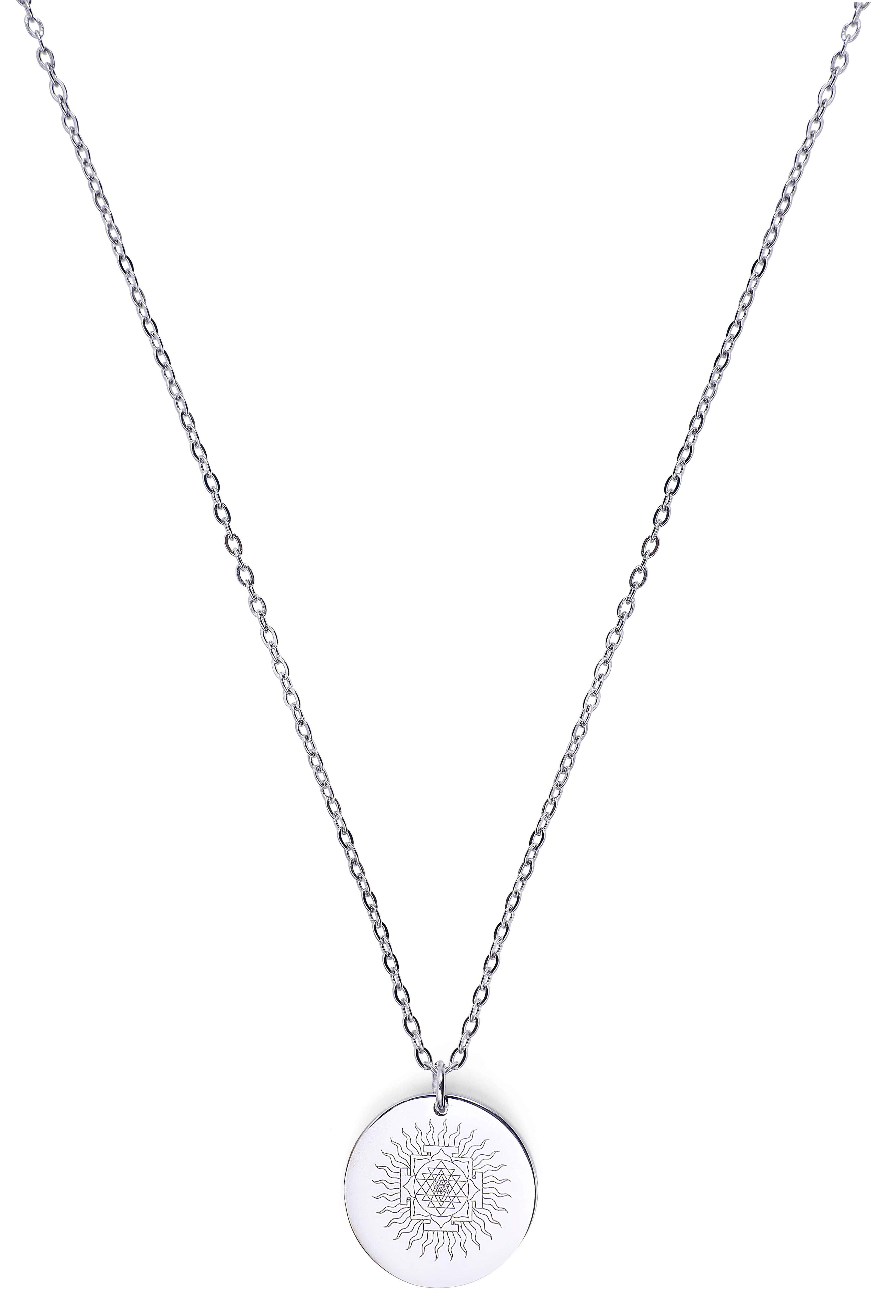 Silver necklace with a round pendant on a white background