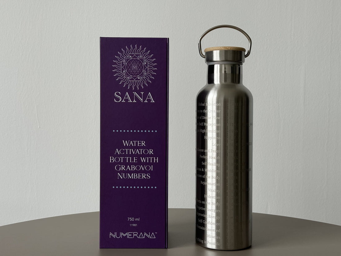A stainless steel double-walled insulated water bottle with grabovoi numbers from Numerana, alongside its packaging box.
