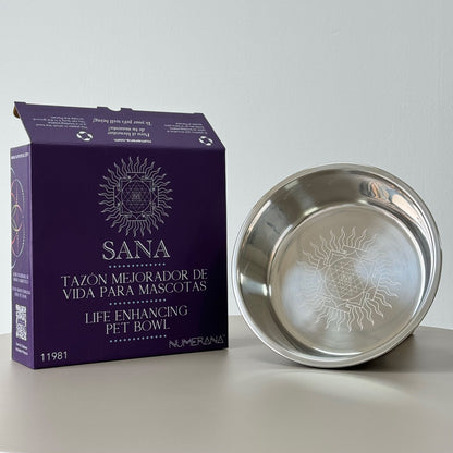 Stainless steel pet bowl engraved with Grabovoi Numbers and sacred geometry for enhancing pet health, mood, and energy vibration.