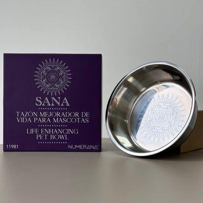 Stainless steel pet bowl engraved with Grabovoi Numbers and sacred geometry for enhancing pet health, mood, and energy vibration.