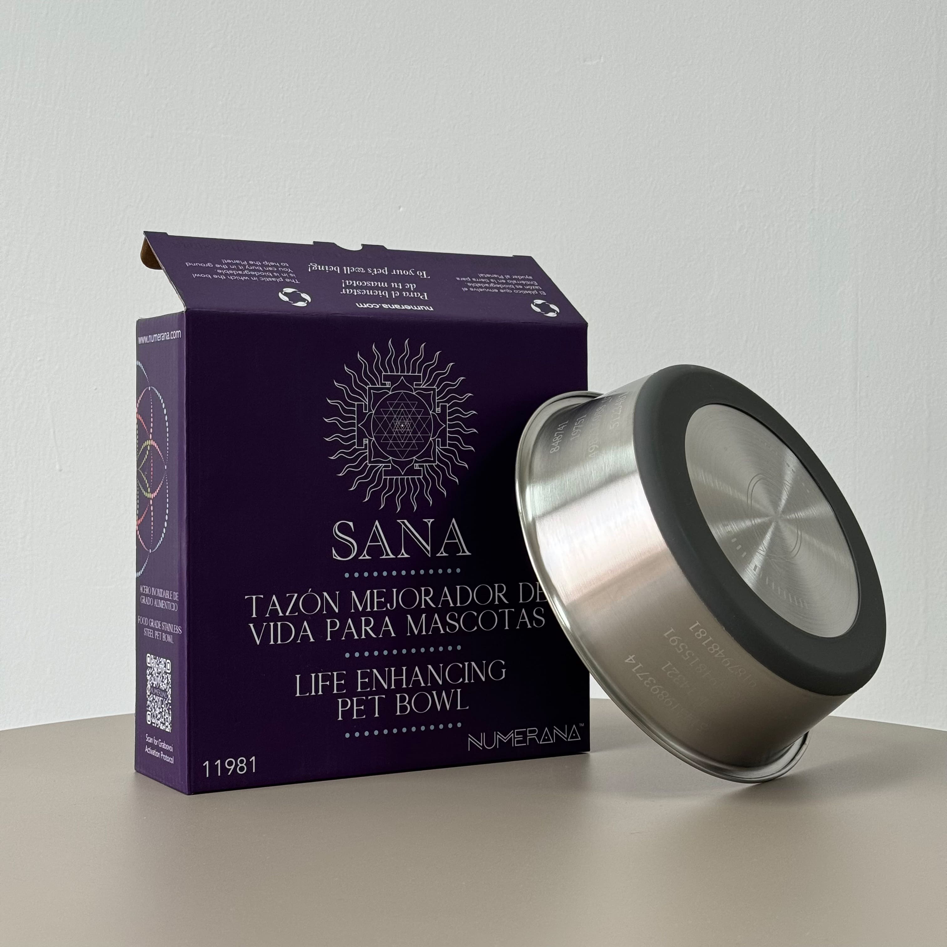 Stainless steel pet bowl engraved with Grabovoi Numbers and sacred geometry for enhancing pet health, mood, and energy vibration.