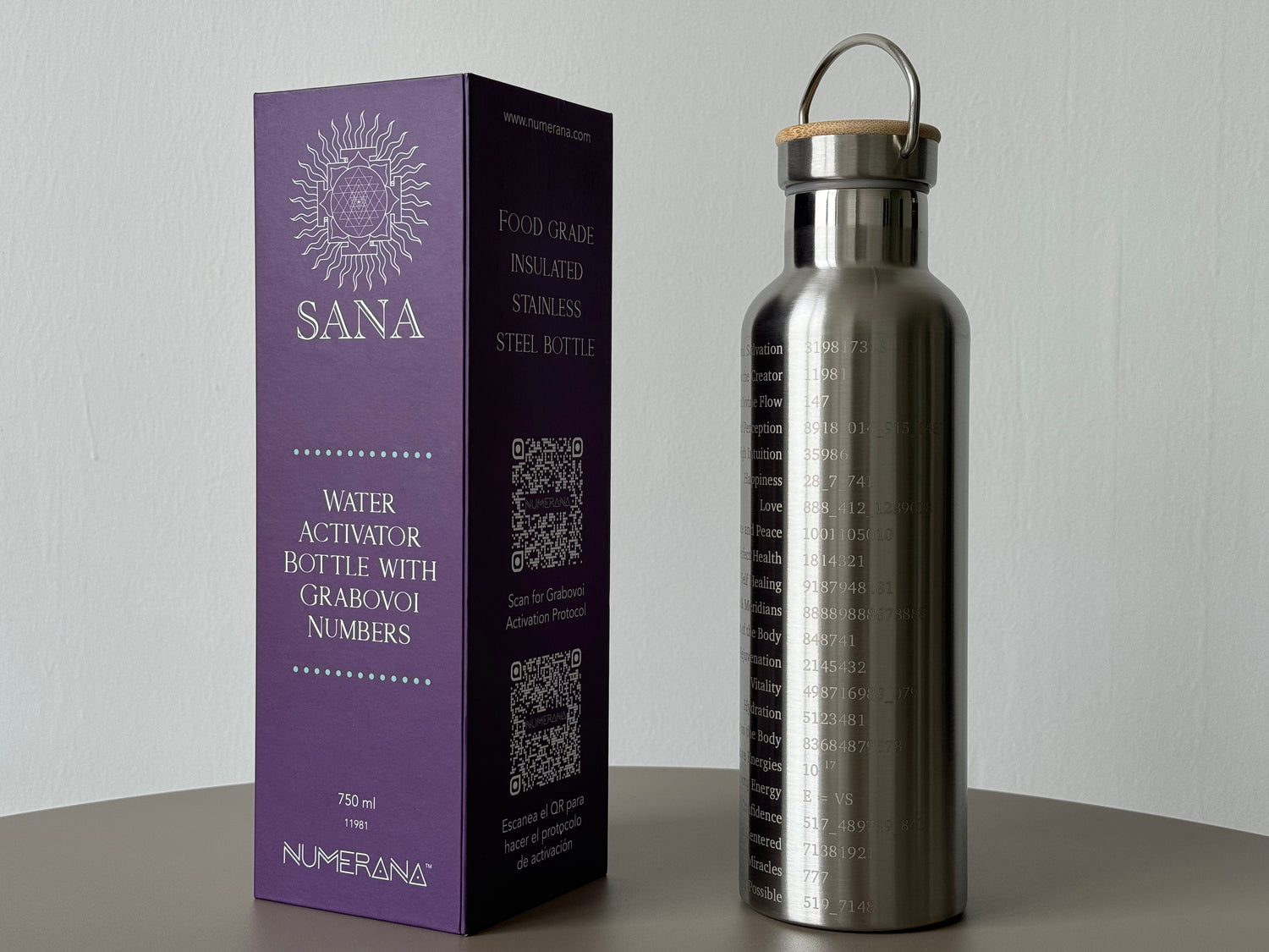 750ml double-walled stainless steel bottle with Grabovoi codes to transform water and align the body with high frequencies.