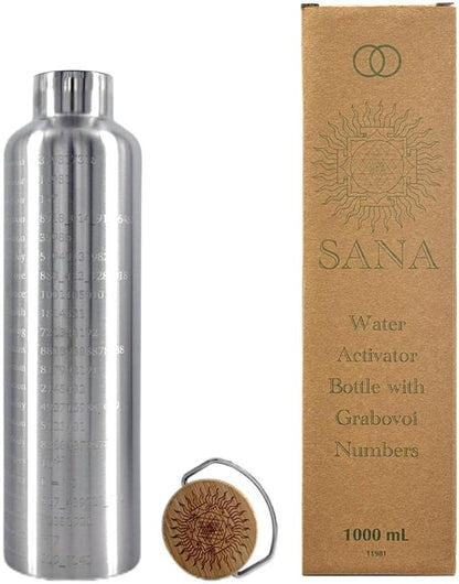 1L silver stainless steel Grabovoi bottle with engraved energy codes to transform water and support vibrational healing.