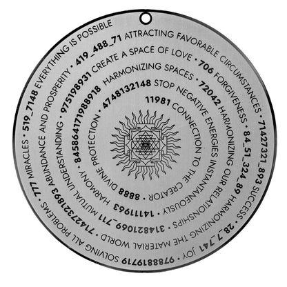 Sacred geometry and Grabovoi number energy plate designed to harmonize relationships, attract miracles, and uplift spaces.