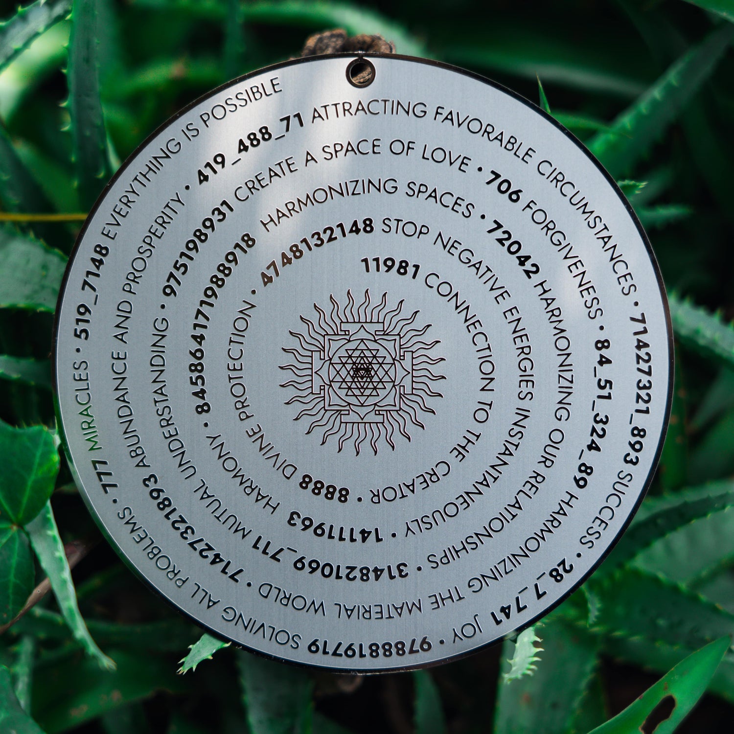 Sacred geometry and Grabovoi number energy plate designed to harmonize relationships, attract miracles, and uplift spaces.