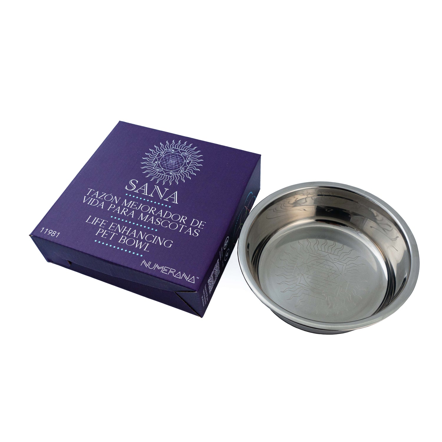 Stainless steel pet bowl engraved with Grabovoi Numbers and sacred geometry for enhancing pet health, mood, and energy vibration.