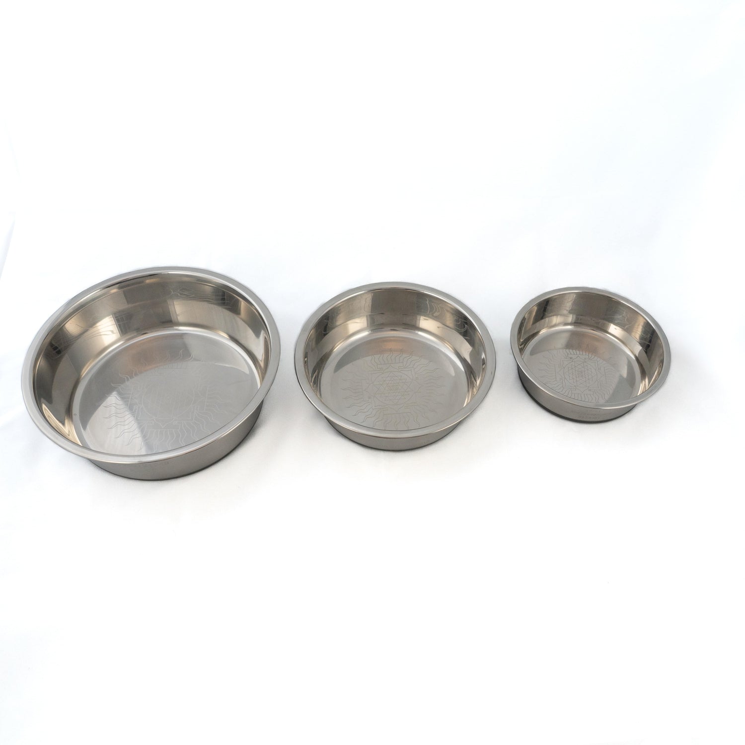 Stainless steel pet bowl engraved with Grabovoi Numbers and sacred geometry for enhancing pet health, mood, and energy vibration.